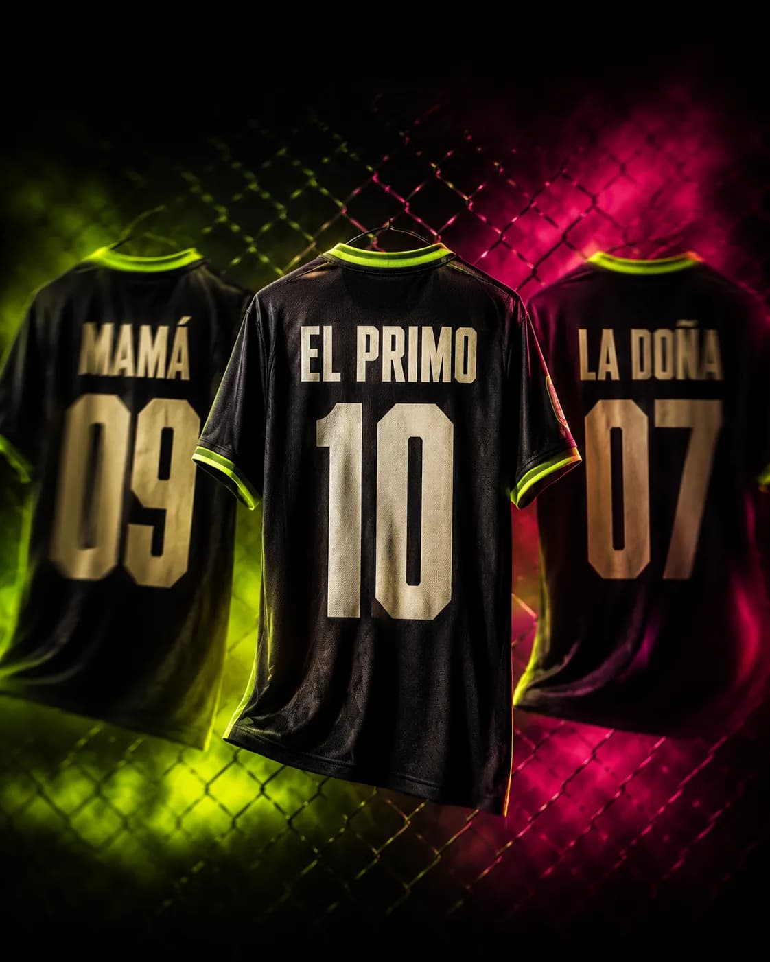 Tres jerseys negros personalizados colgados en la reja: MAMÁ 09, EL PRIMO 10 y LA DOÑA 07