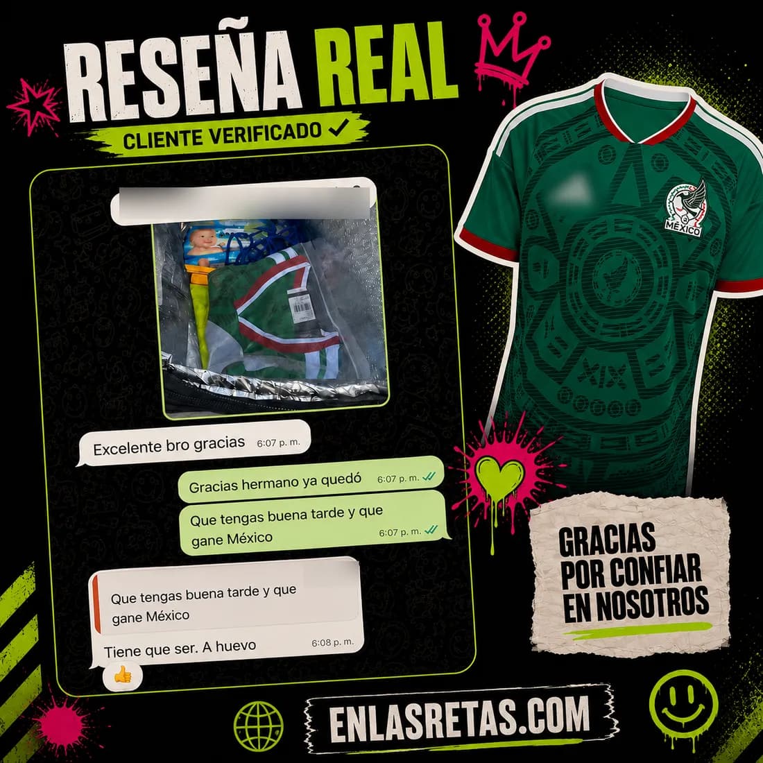 Reseña real: conversación de WhatsApp con un comprador que recibió su jersey de México, con foto del paquete abierto