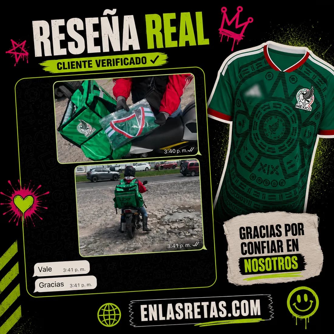Reseña real: el jersey de México saliendo a entrega en moto, con fotos del repartidor en camino