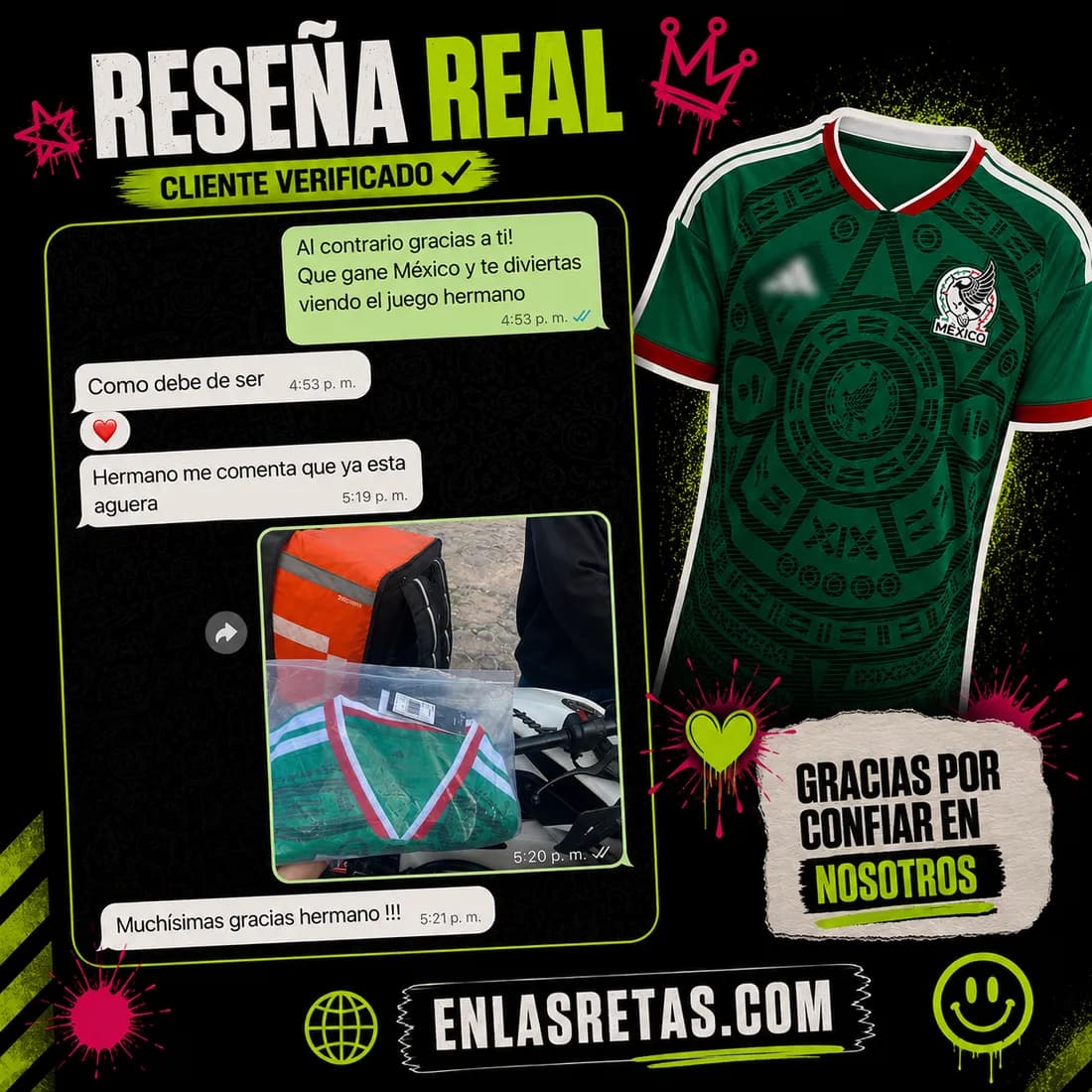 Reseña real: comprador agradeciendo la entrega de su jersey de México, con foto del paquete sellado
